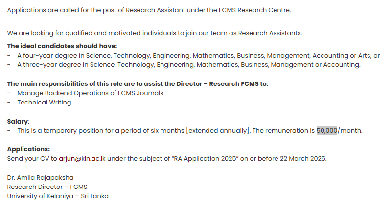 Research Assistant - University of Kelaniya