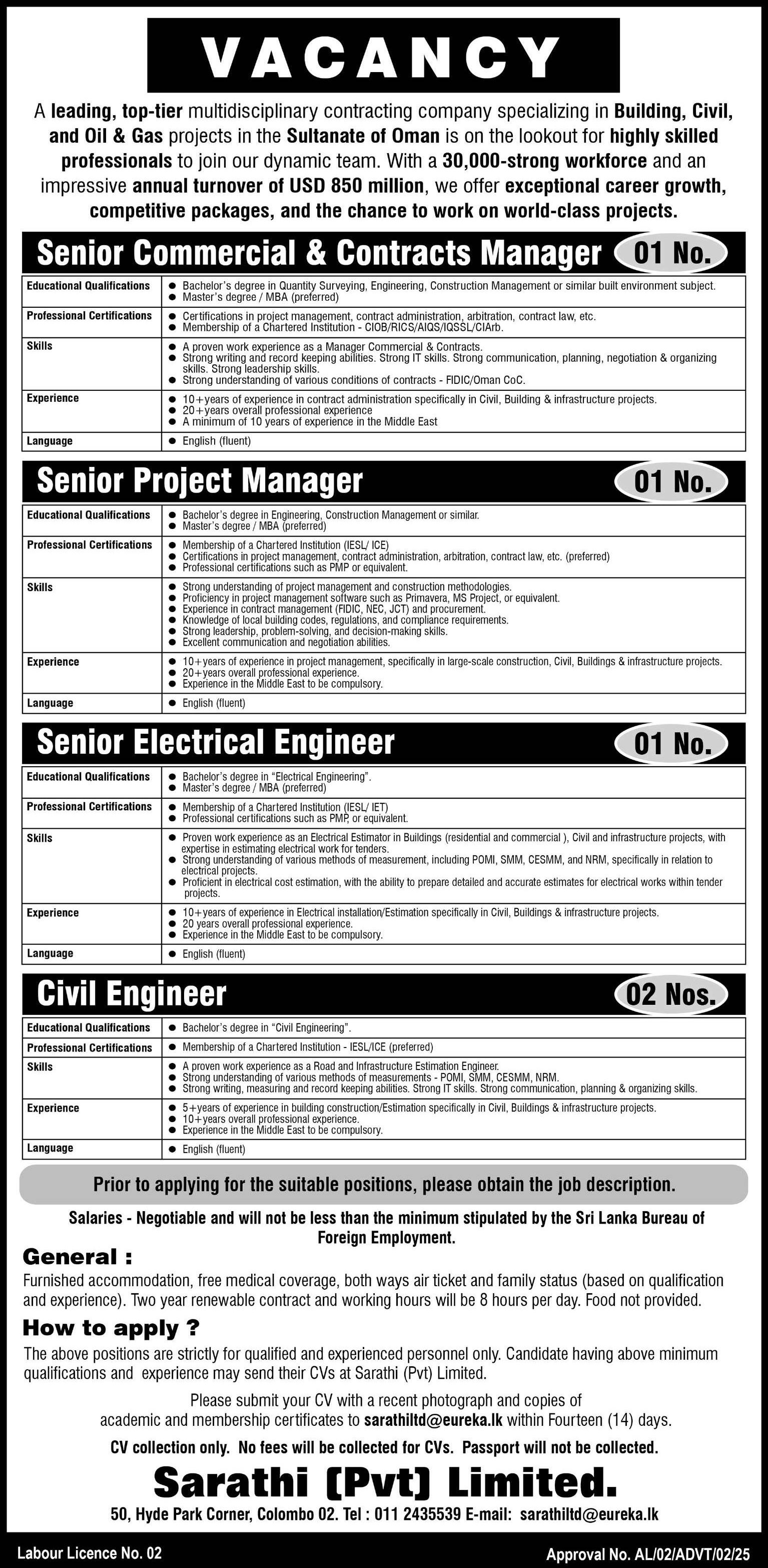 Senior Commercial & Contracts Manager, Senior Project Manager, Senior Electrical Engineer, Civil Engineer - Sarathi (Pvt) Ltd