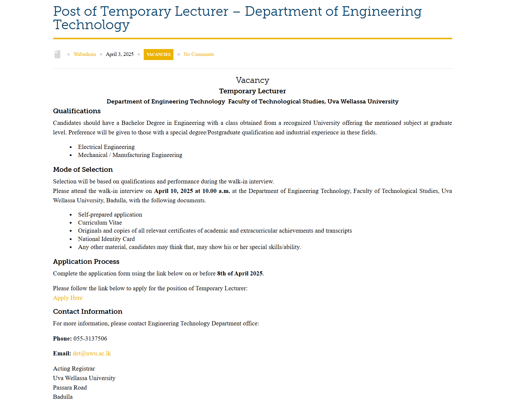 Lecturer - Uva Wellassa University