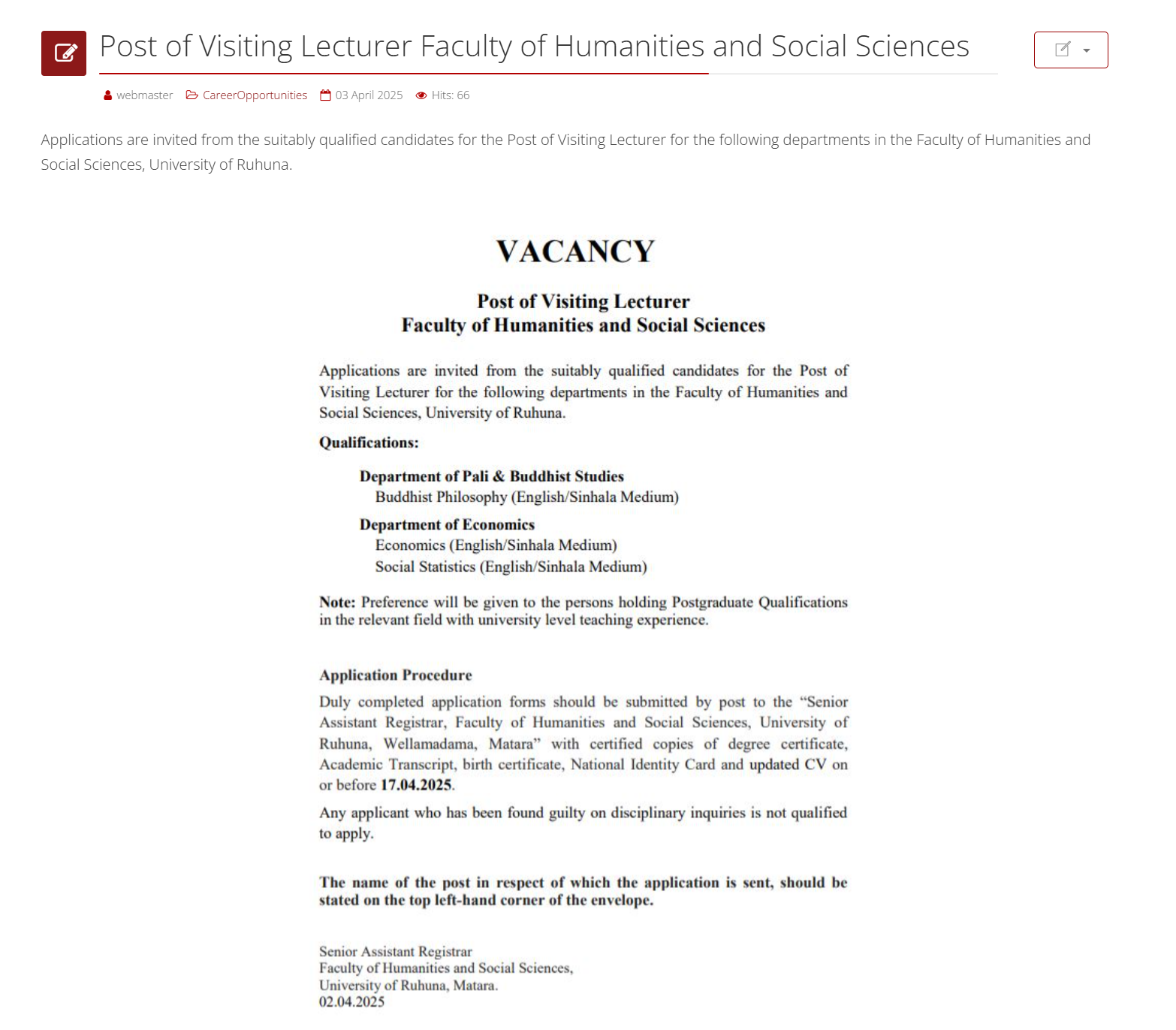 Visiting Lecturer - University of Ruhuna.