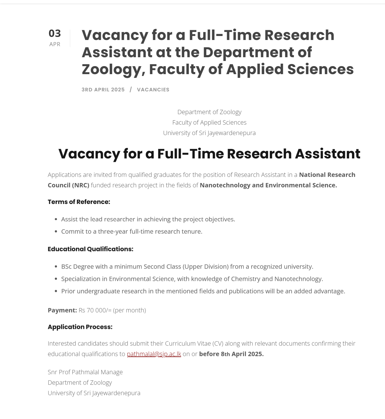 Time Research Assistant - University of Sri Jayewardenepura