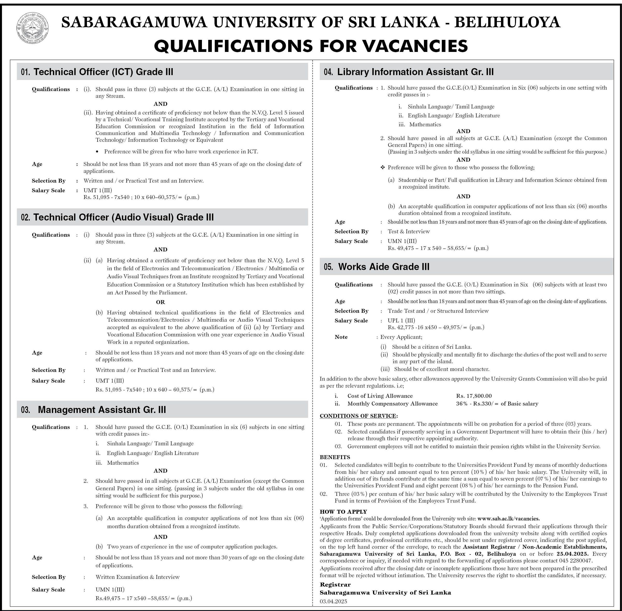 Technical Officer, Management Assistant, Library Information Assistant, Work Aide - Sabaragamuwa University