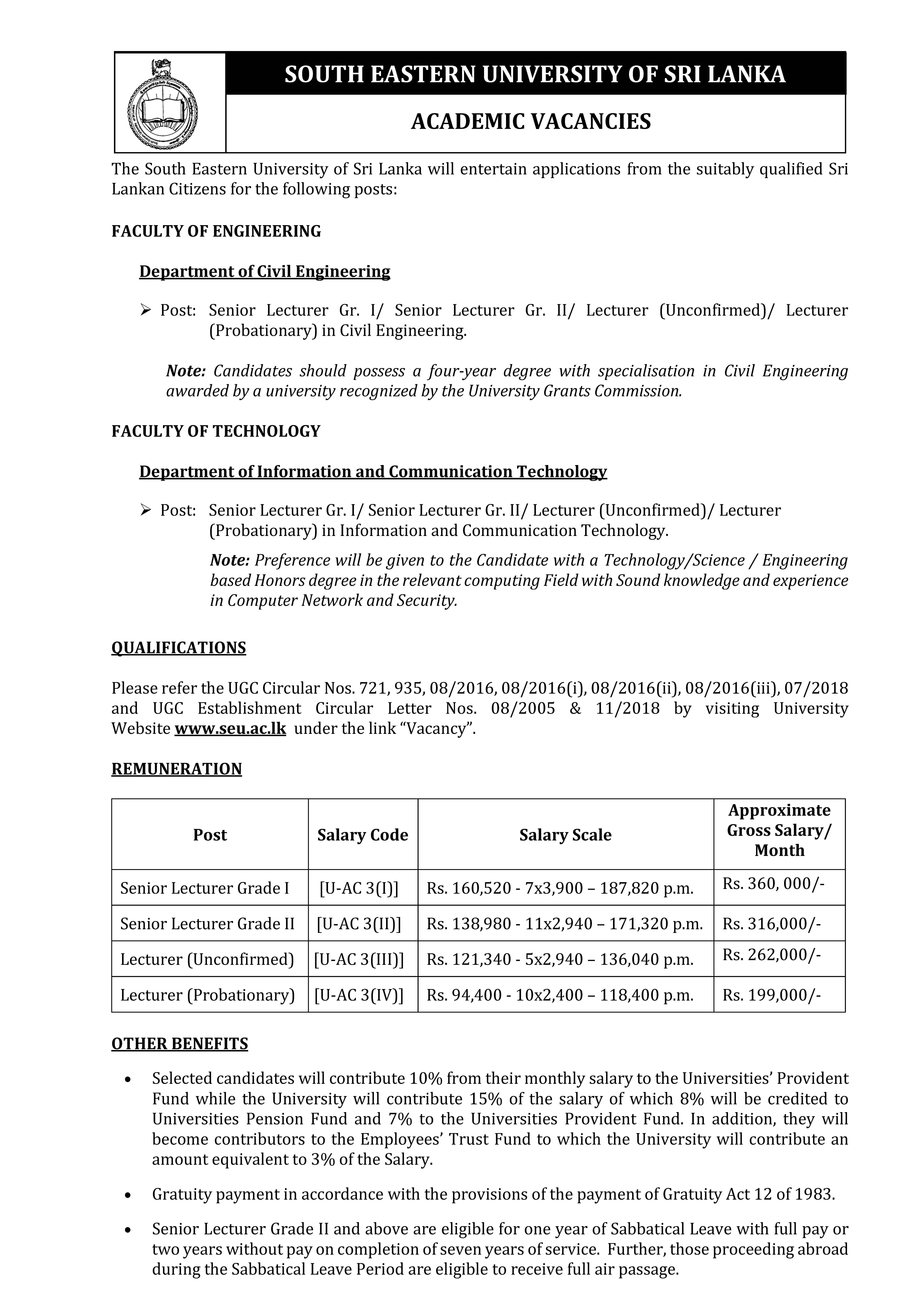 Senior Lecturer, Lecturer - South Eastern University
