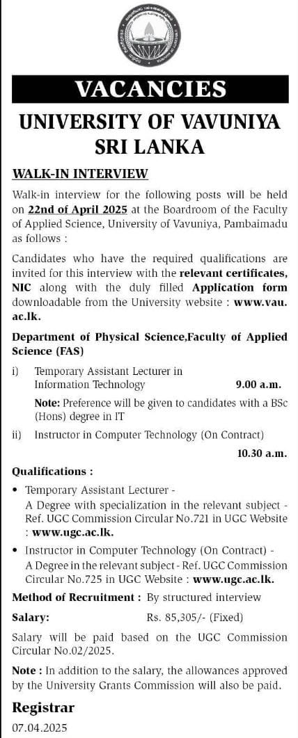 Assistant Lecturer, Instructor in Computer Technology - University of Vavuniya