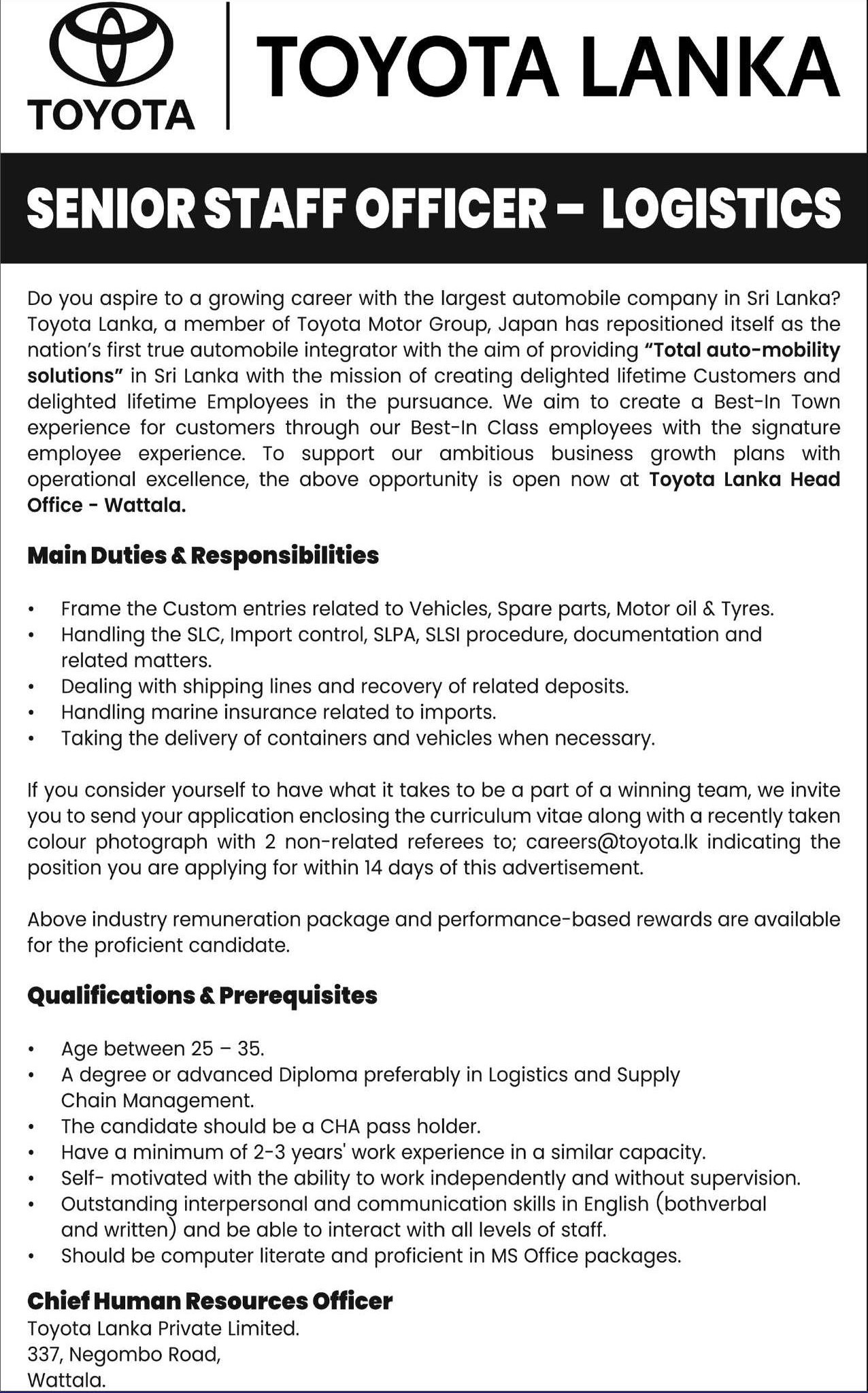 Senior Staff Officer - Toyota Lanka