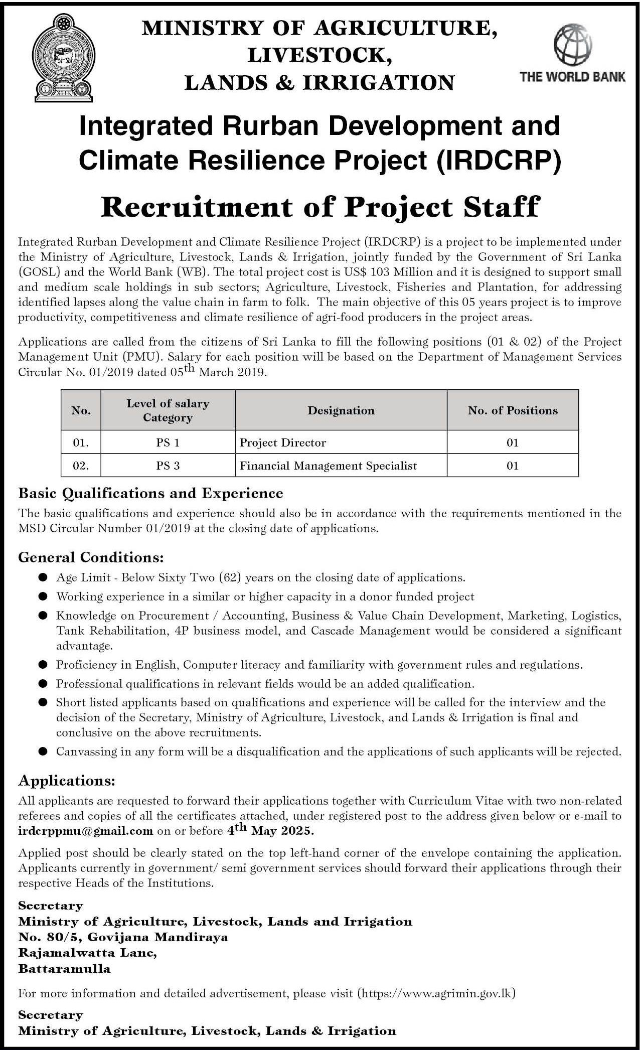 Project Director, Financial Management Specialist - Ministry of Agriculture