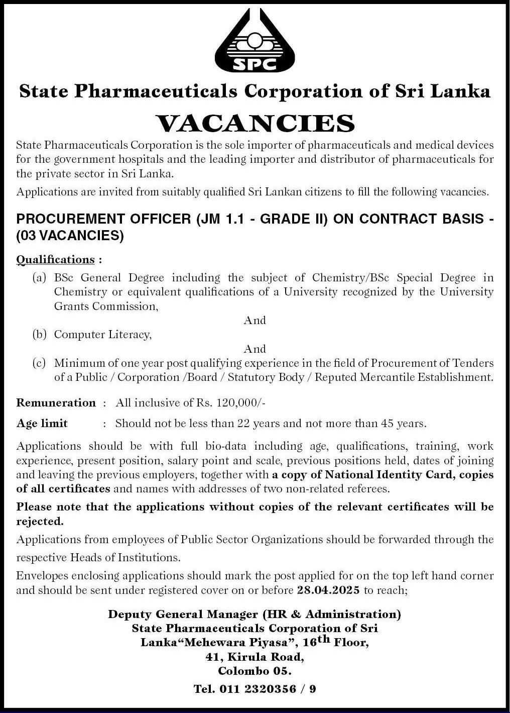 Procurement Officer - State Pharmaceuticals Corporation of Sri Lanka