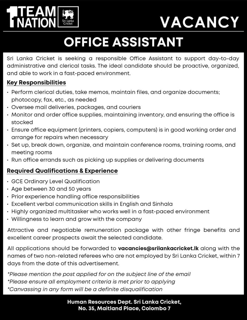 Office Assistant - Sri Lanka Cricket