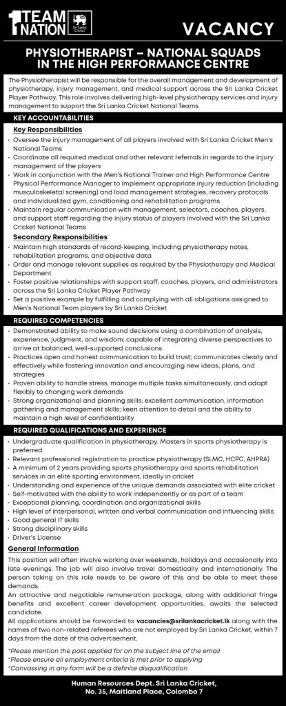 Physiotherapist - Sri Lanka Cricket
