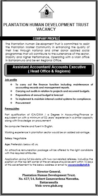 Accounts Assistant - Plantation Human Development  Trust