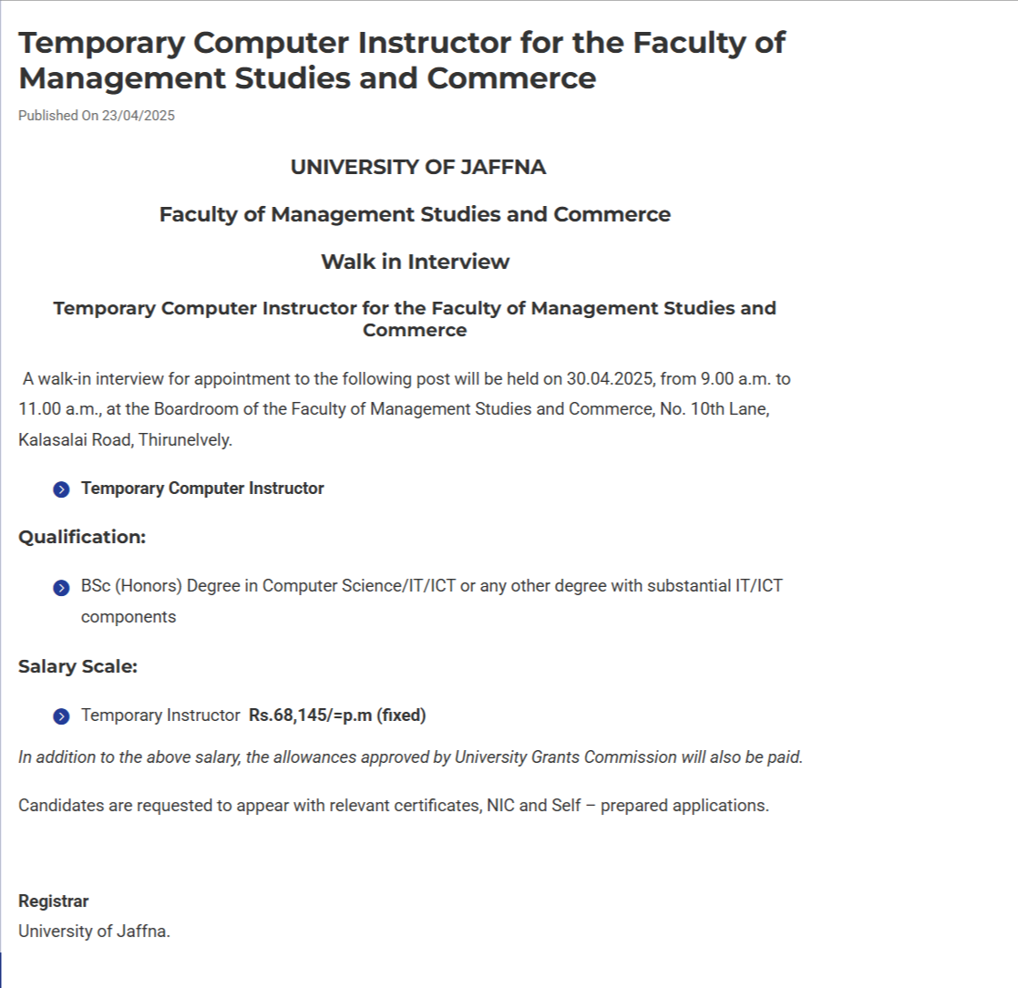 Instructor - University of Jaffna