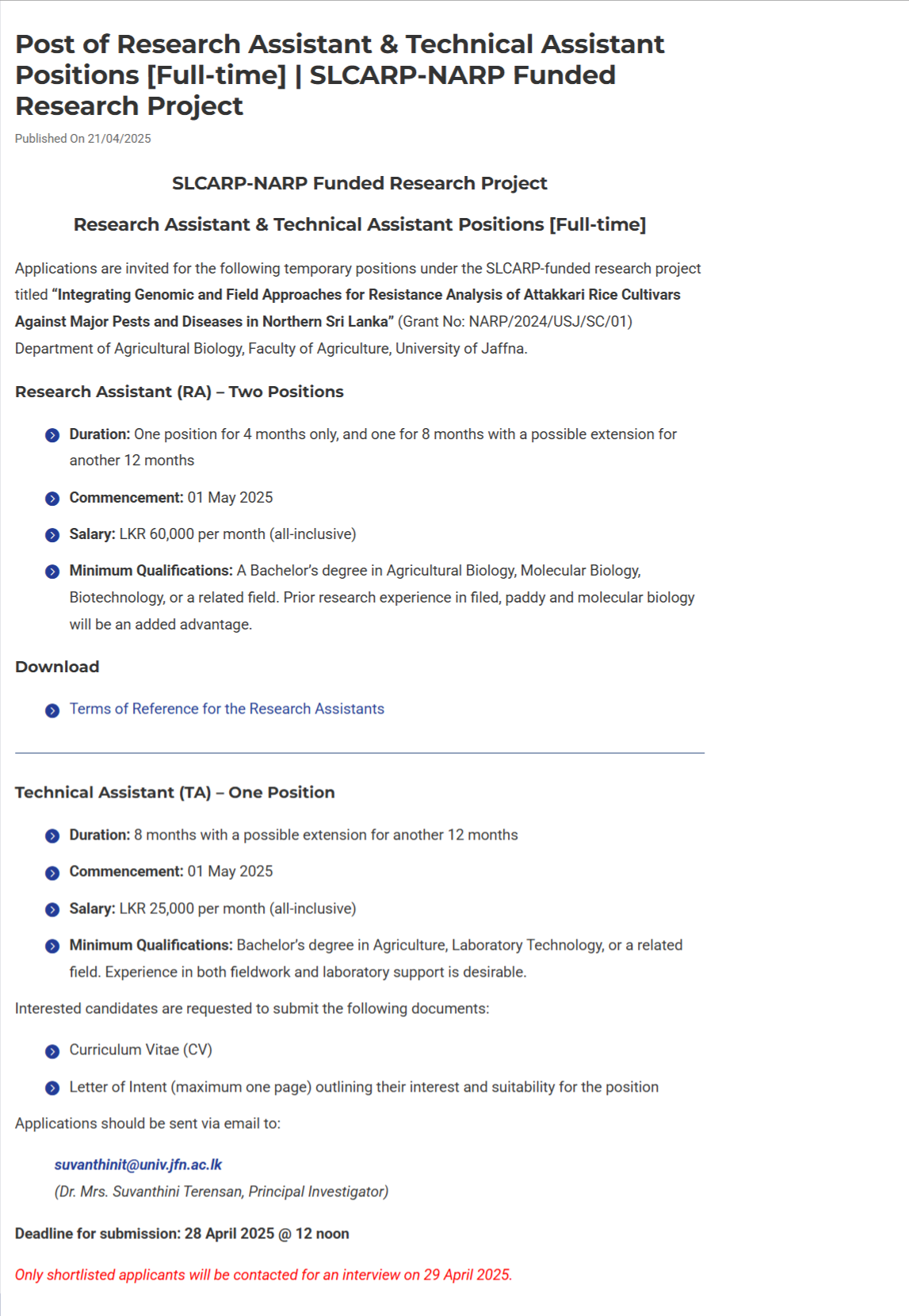 Research Assistant, Technical Assistant - University of Jaffna