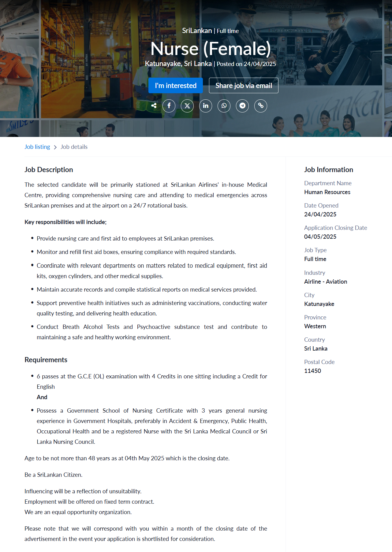 Nurse - SriLankan Airlines