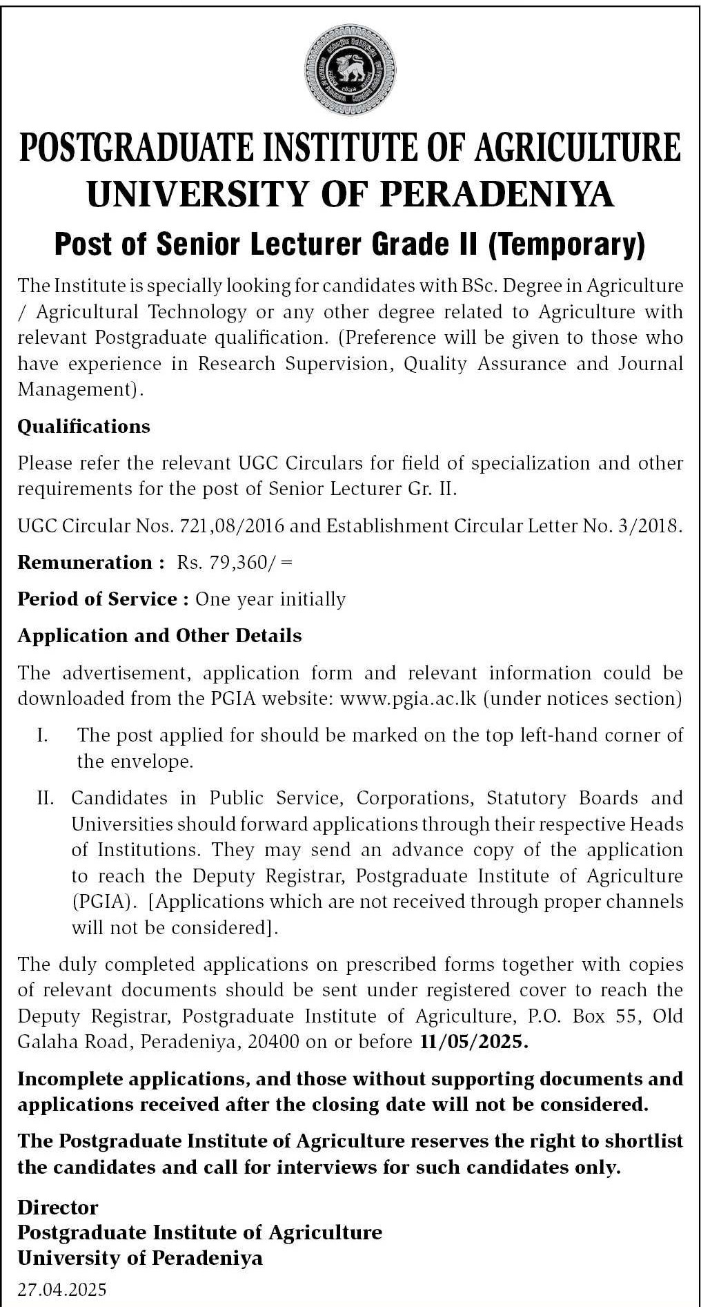 Senior Lecturer - University of Peradeniya