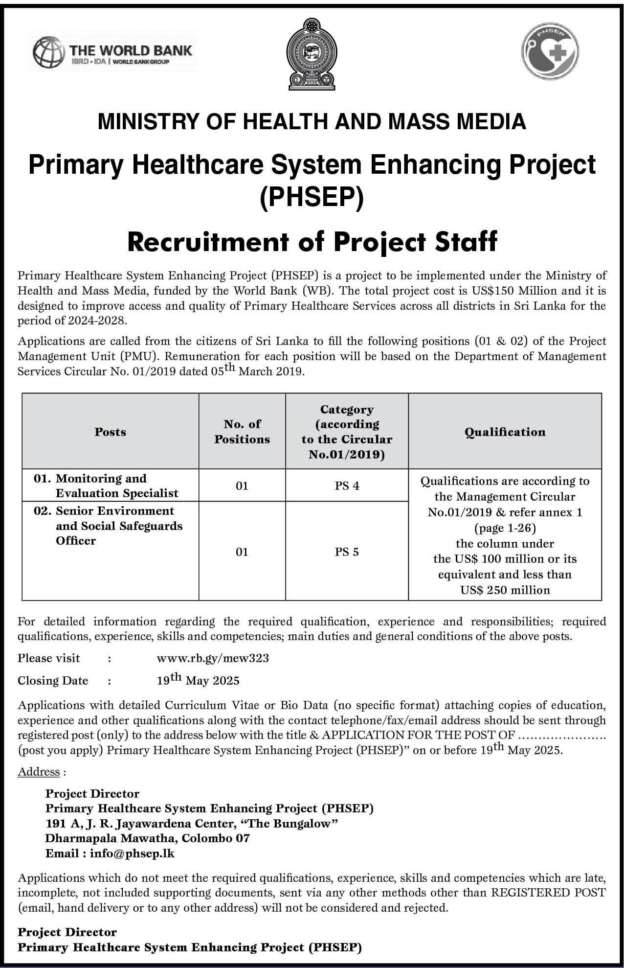 Monitoring and Evaluation Officer, Senior Environment and Social Safeguards Officer - Ministry Of Health And Mass Media