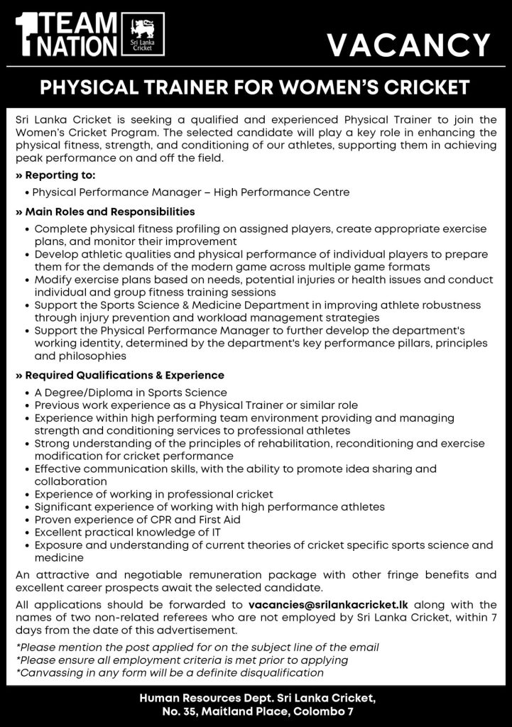 Physical Trainer - Sri Lanka Cricket
