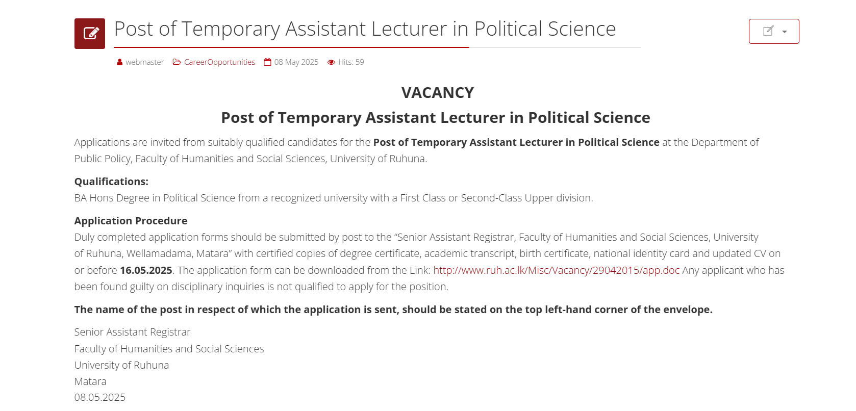 Assistant Lecturer - University of Ruhuna