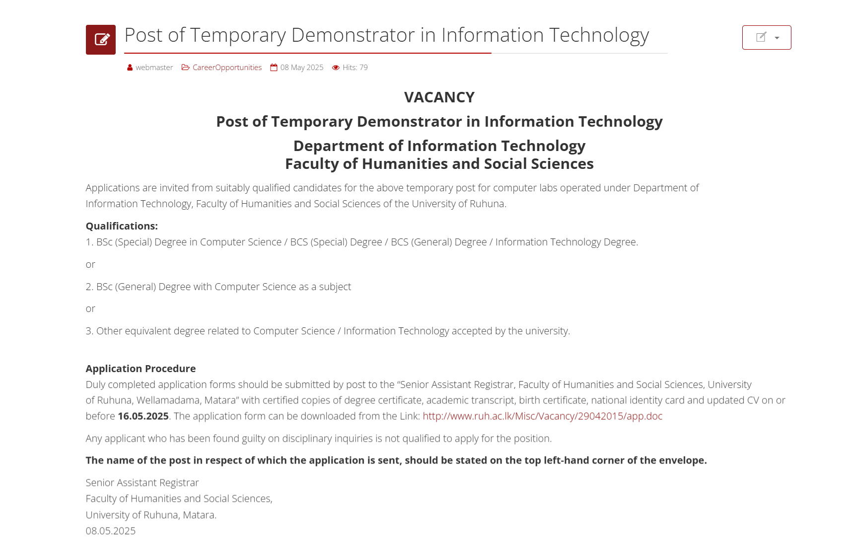 Demonstrator - University of Ruhuna