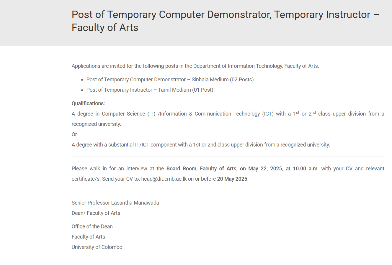 Computer Demonstrator, Instructor - University of Colombo