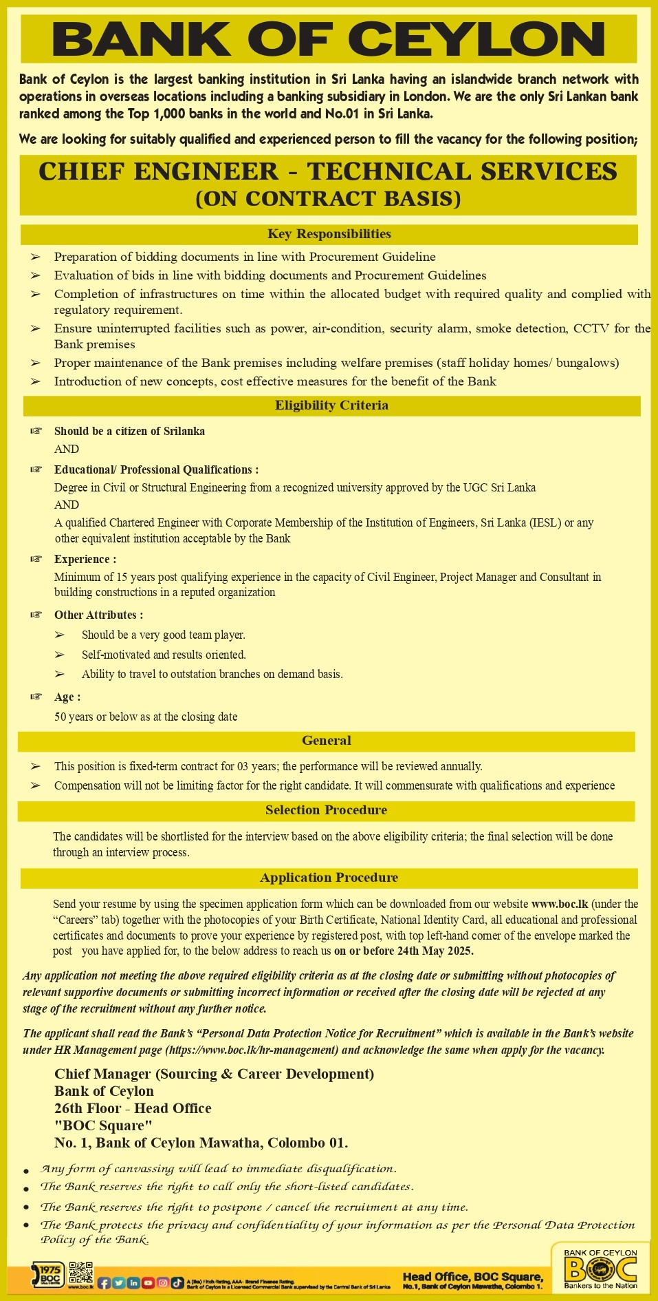 Chief Engineer - Bank of Ceylon