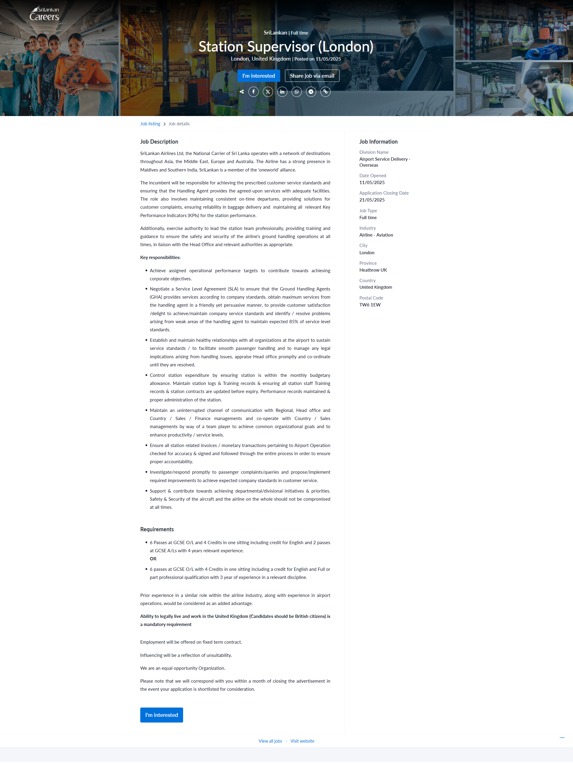 Station Supervisor (London) - SriLankan Airlines