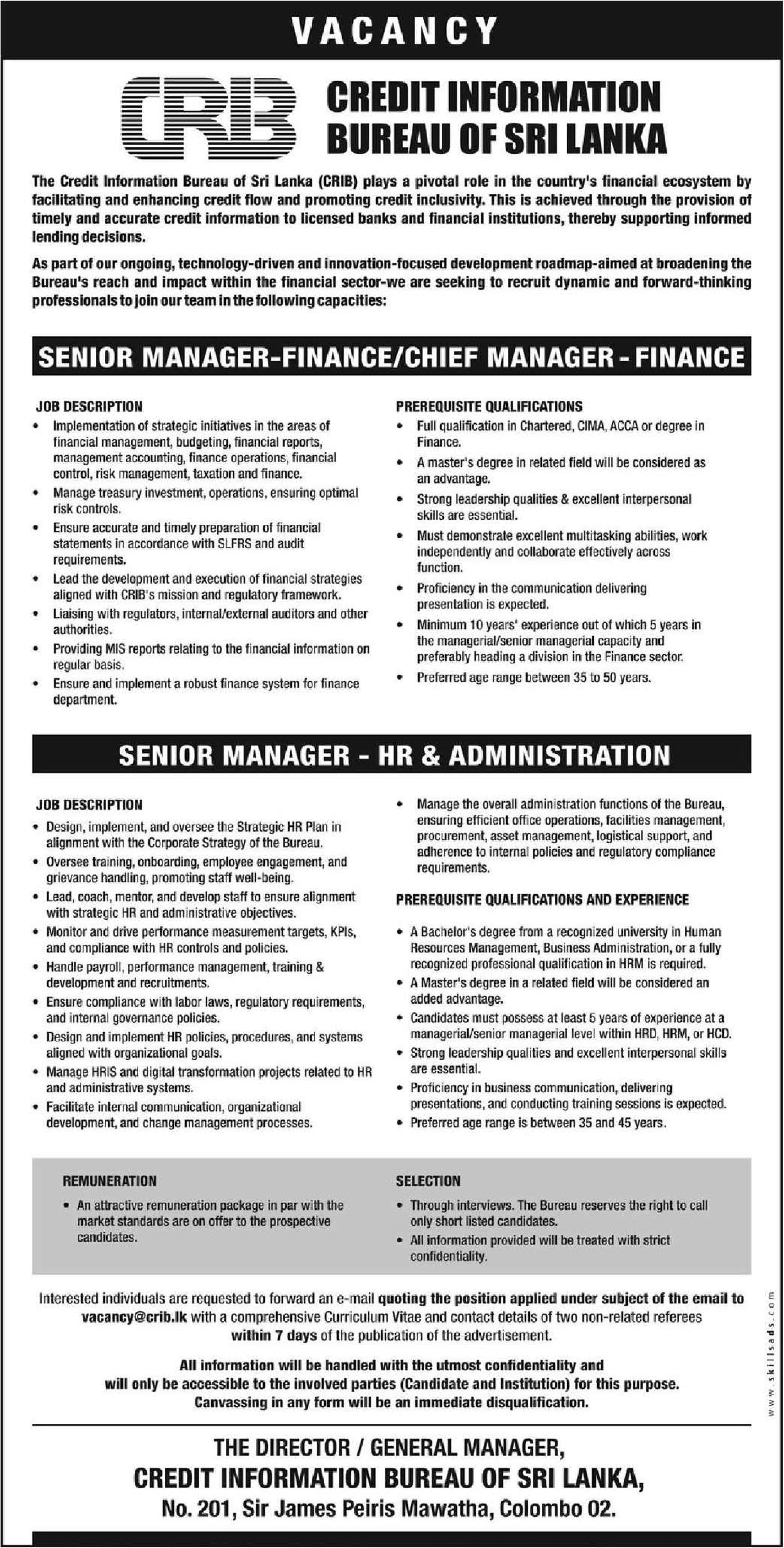 Senior Manager, Chief Manager - Credit Information Bureau of Sri Lanka