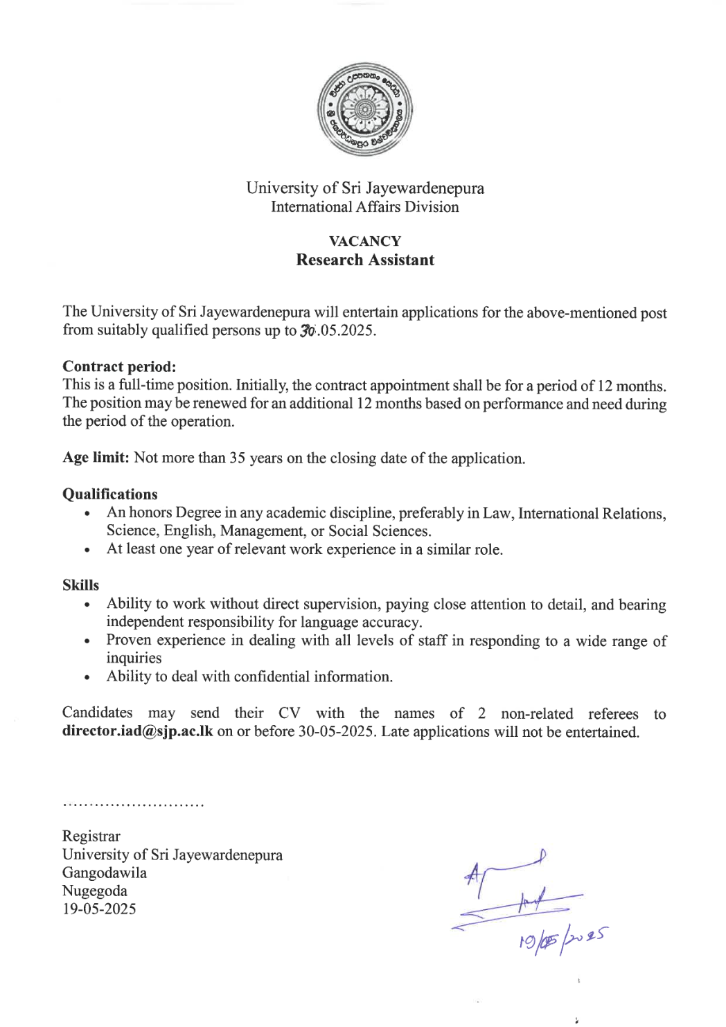 Research Assistant - University of Sri Jayewardenepura