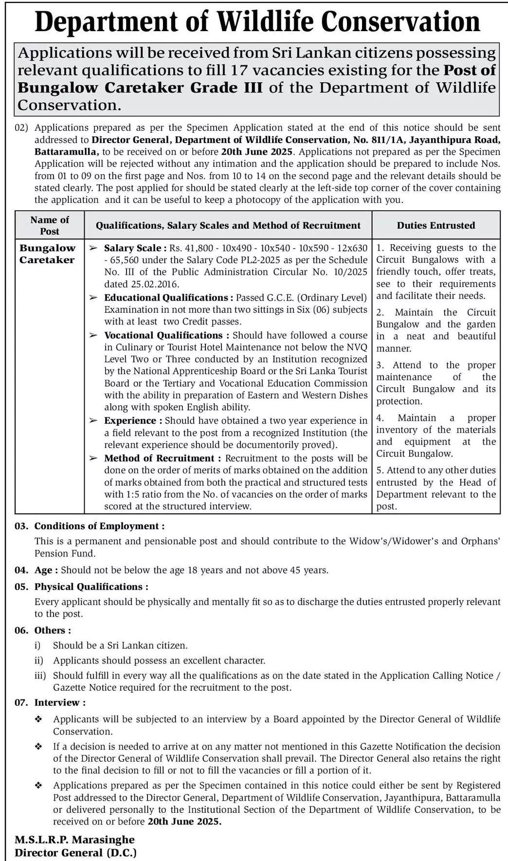 Bungalow Caretaker - Department of Wildlife Conservation