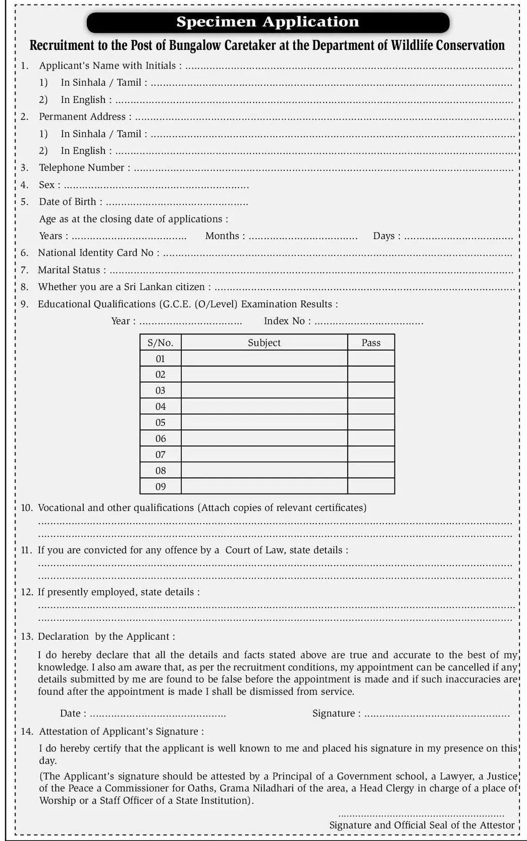 Bungalow Caretaker - Department of Wildlife Conservation