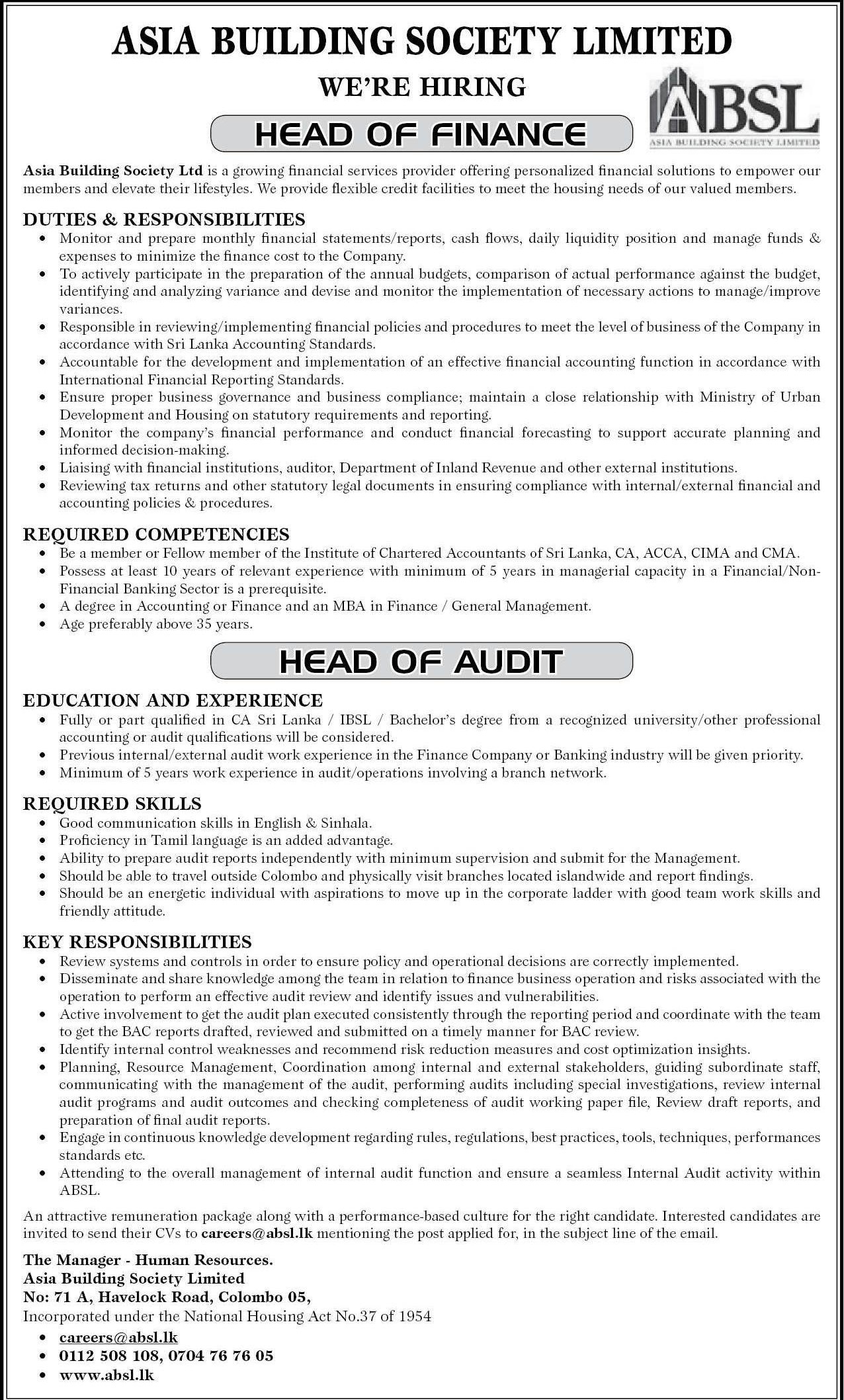 Head of Finance, Head of Audit - Asia Building Society Limited (ABSL)