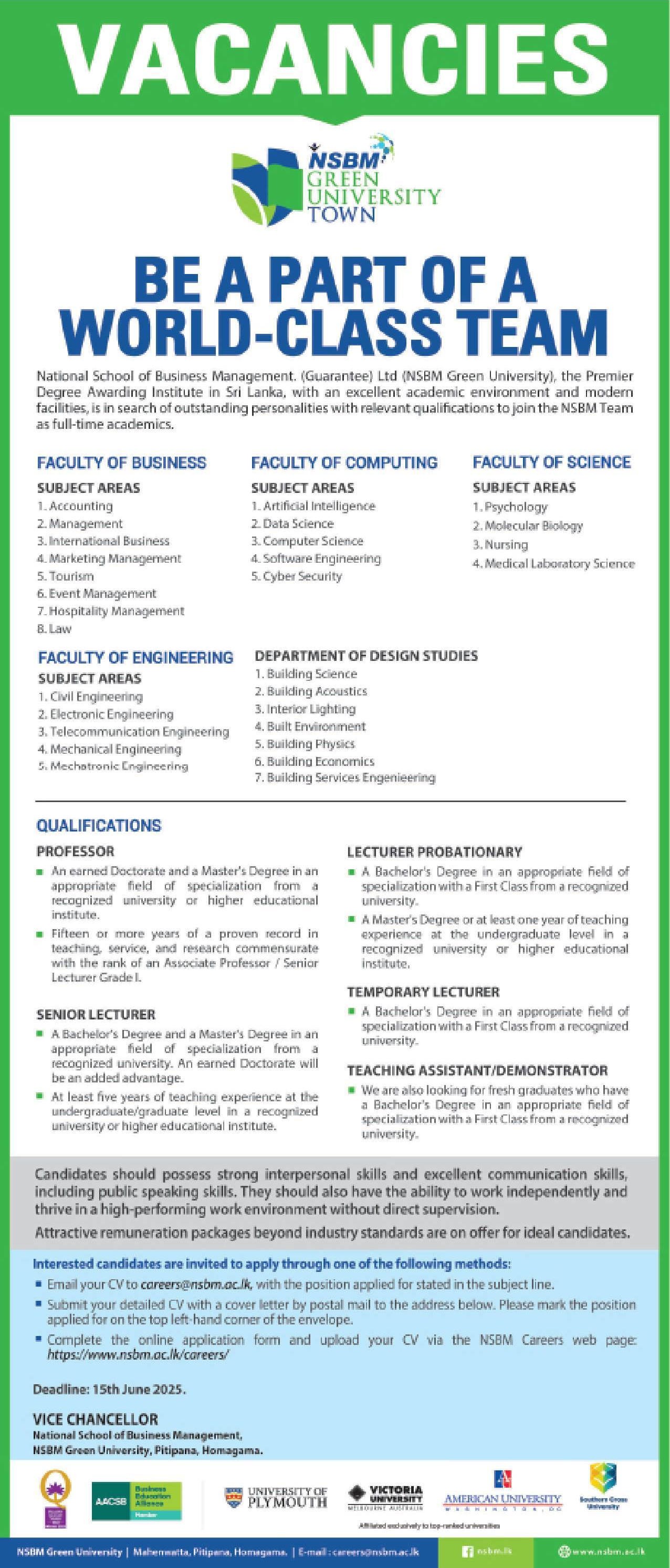 Professor, Senior Lecturer, Lecturer, Teaching Assistants, Demonstrator - NSBM Green University