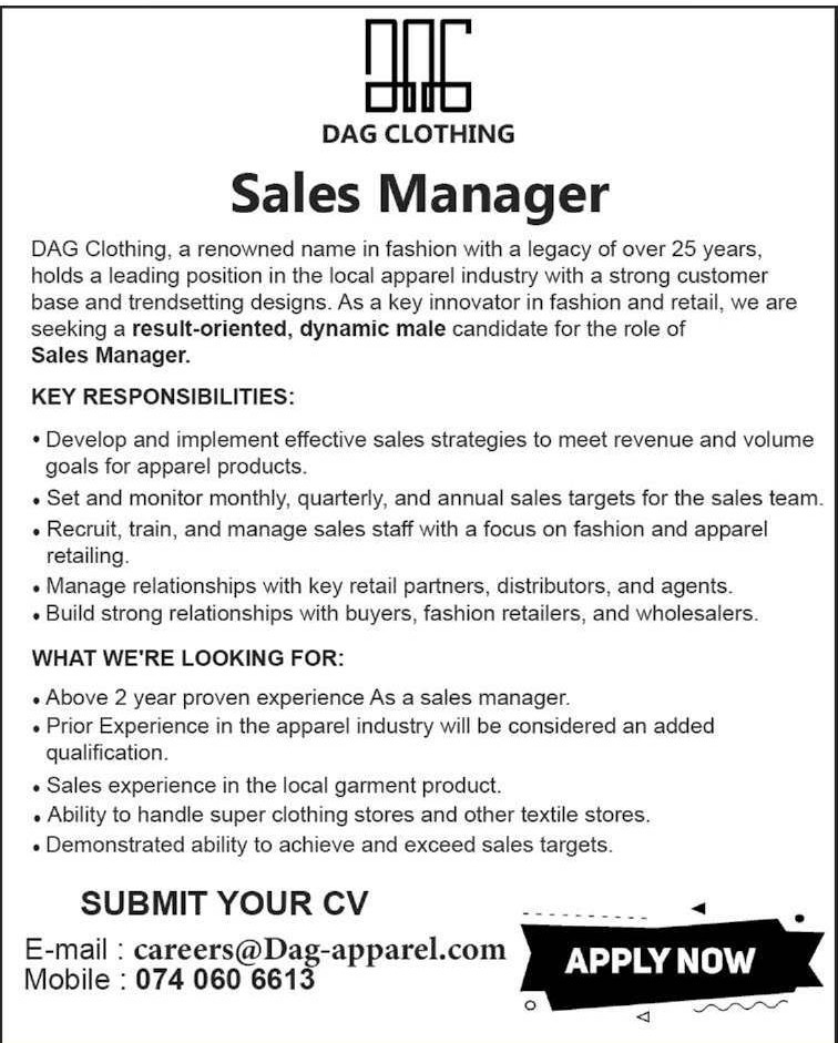 Sales Manager - DAG Apparel (Pvt) Ltd