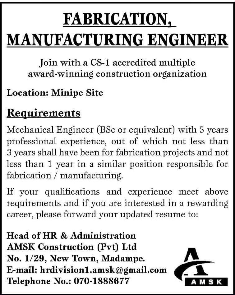 Manufacturing Engineer - AMSK Constructions Pvt Ltd