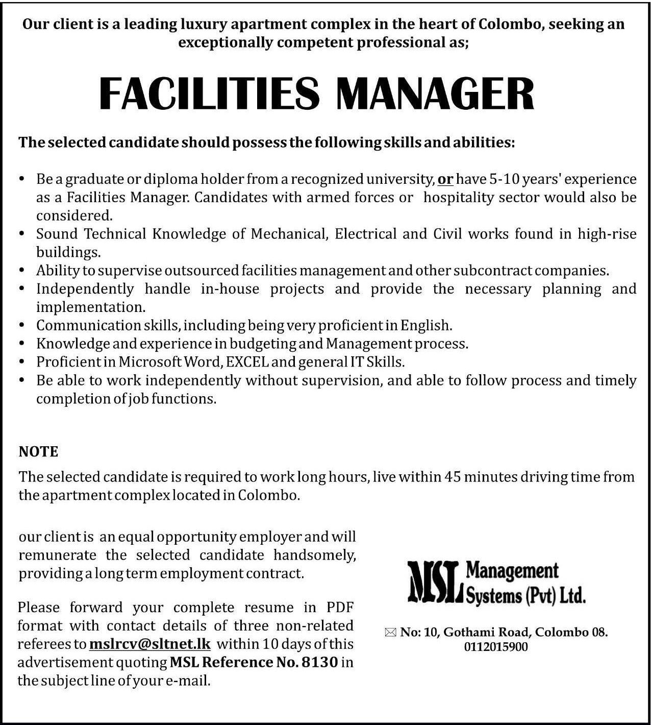 Facilities Manager - Management Systems (Pvt) Ltd