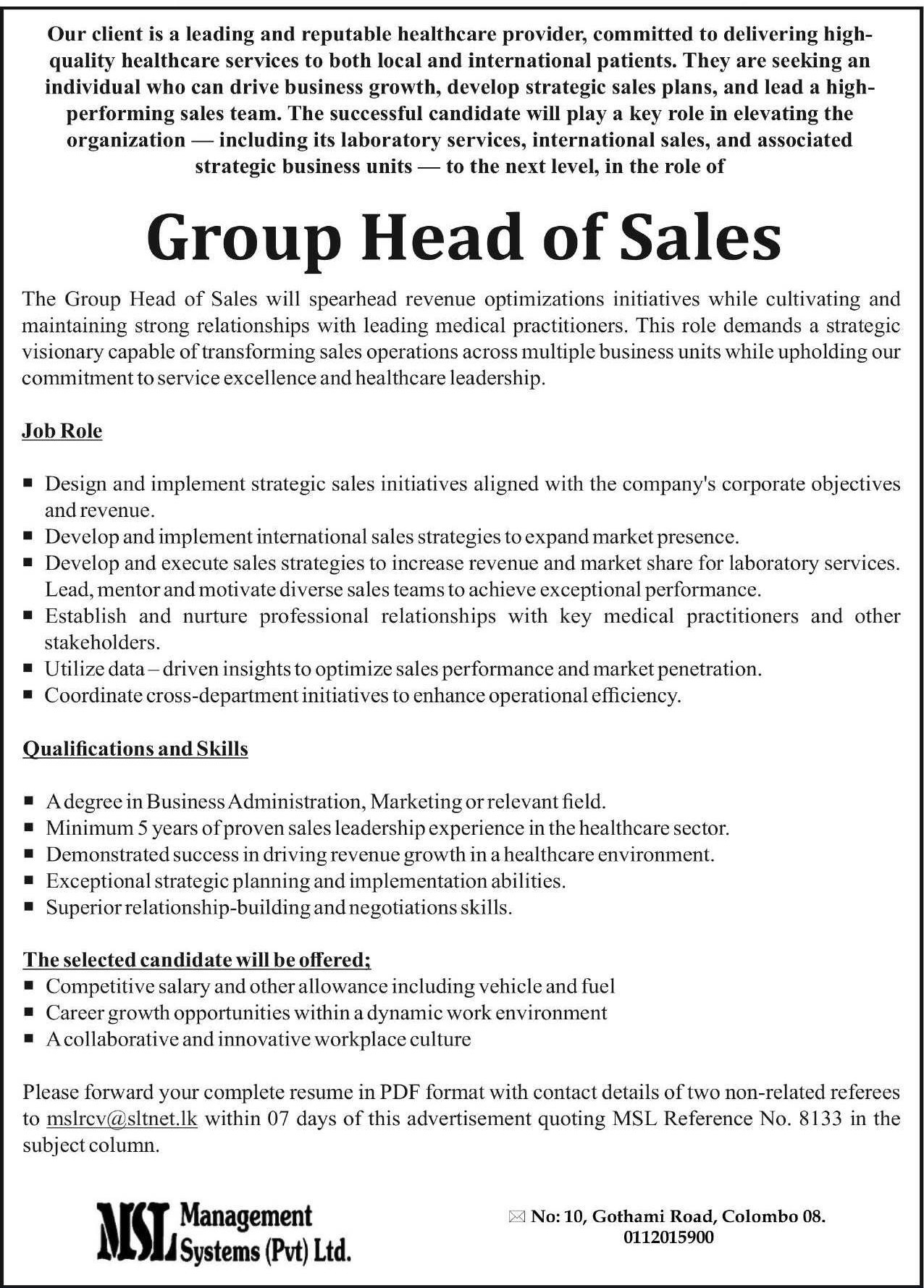 Head of Sales - Management Systems (Pvt) Ltd