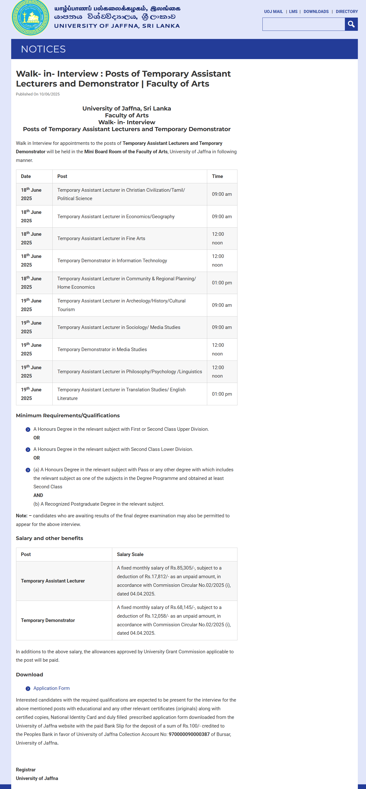 Assistant Lecturer, Demonstrator - University of Jaffna