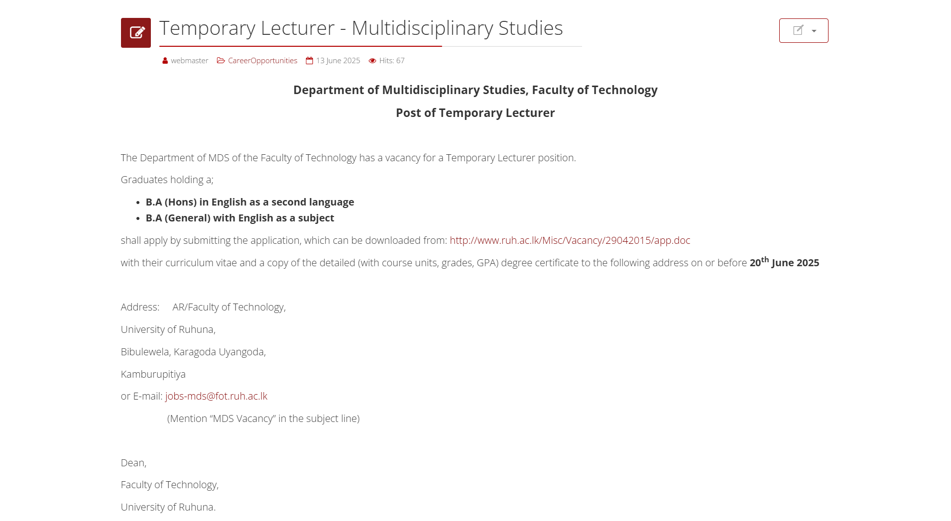 Lecturer - University of Ruhuna