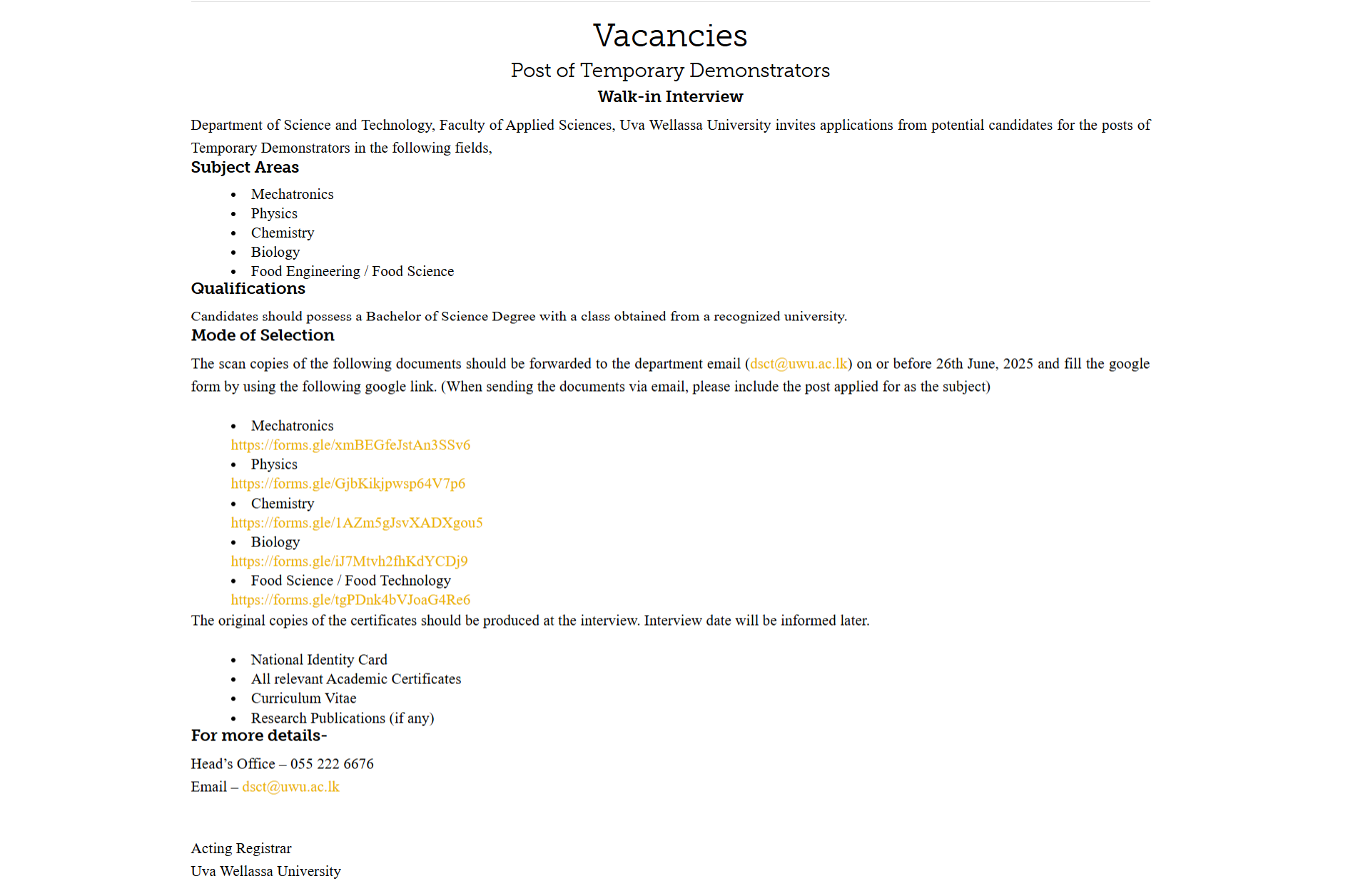 Demonstrator - Uva Wellassa University