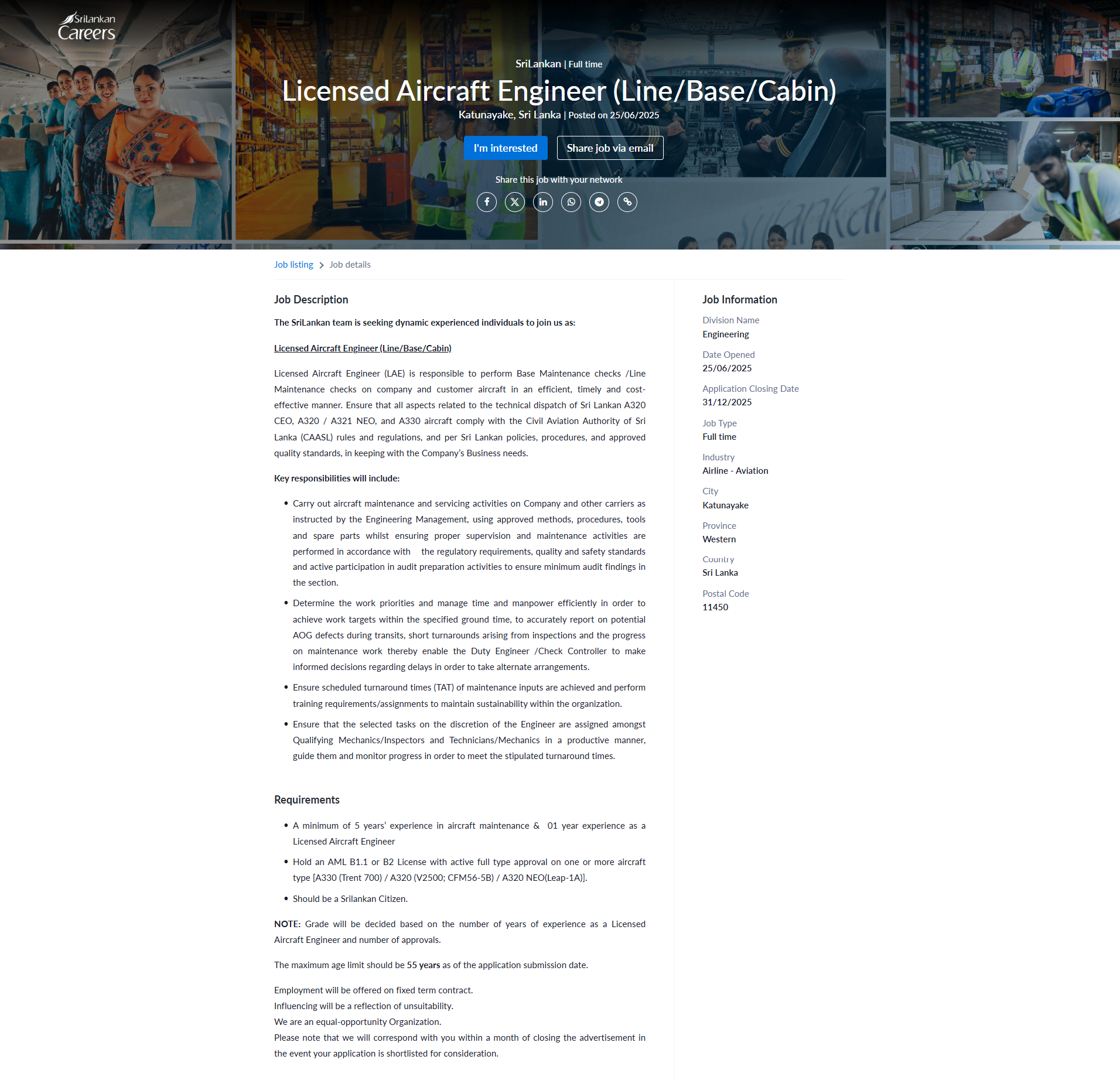 Licensed Aircraft Engineer - SriLankan Airlines