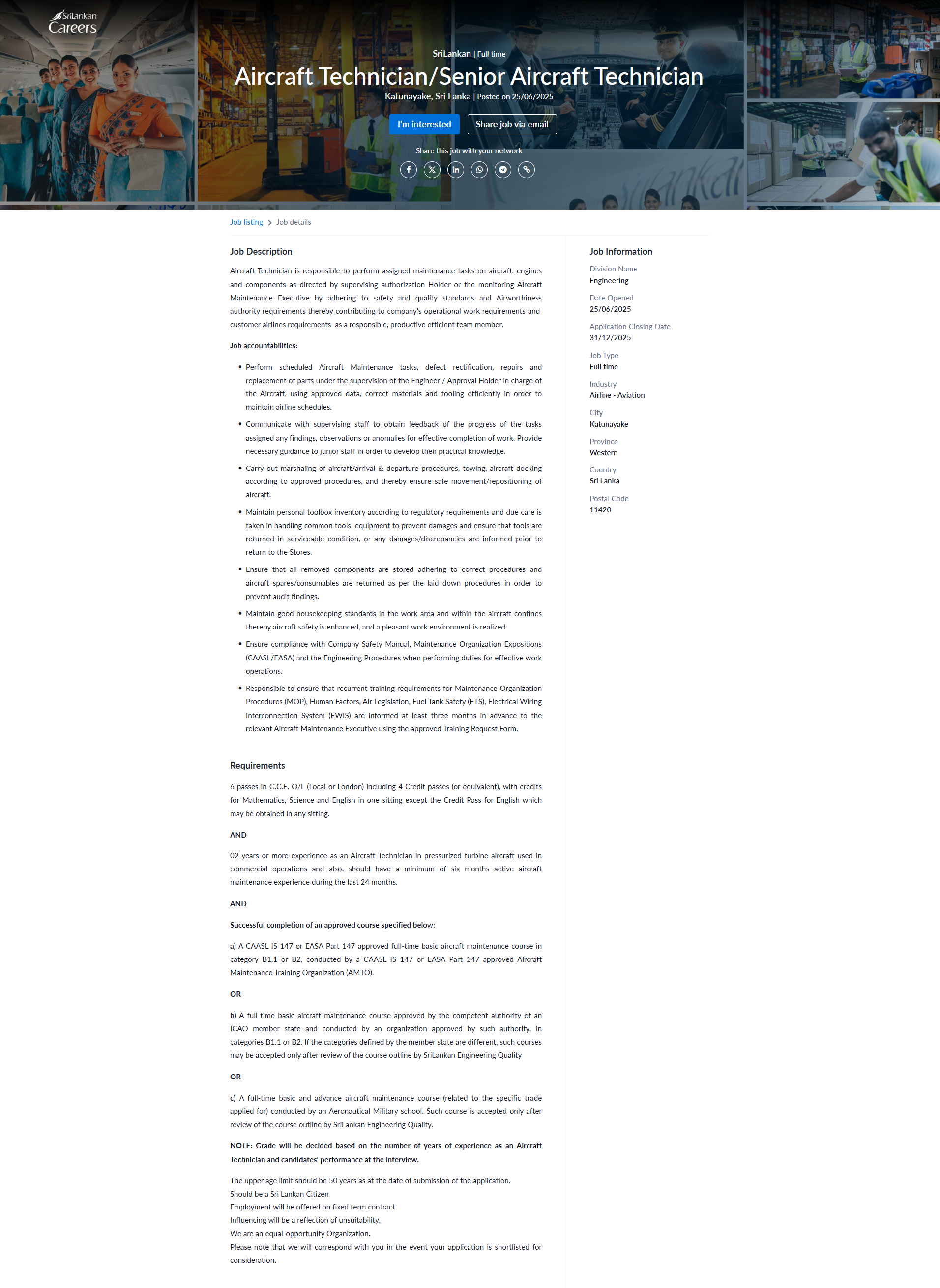 Aircraft Technician, Senior Aircraft Technician - SriLankan Airlines