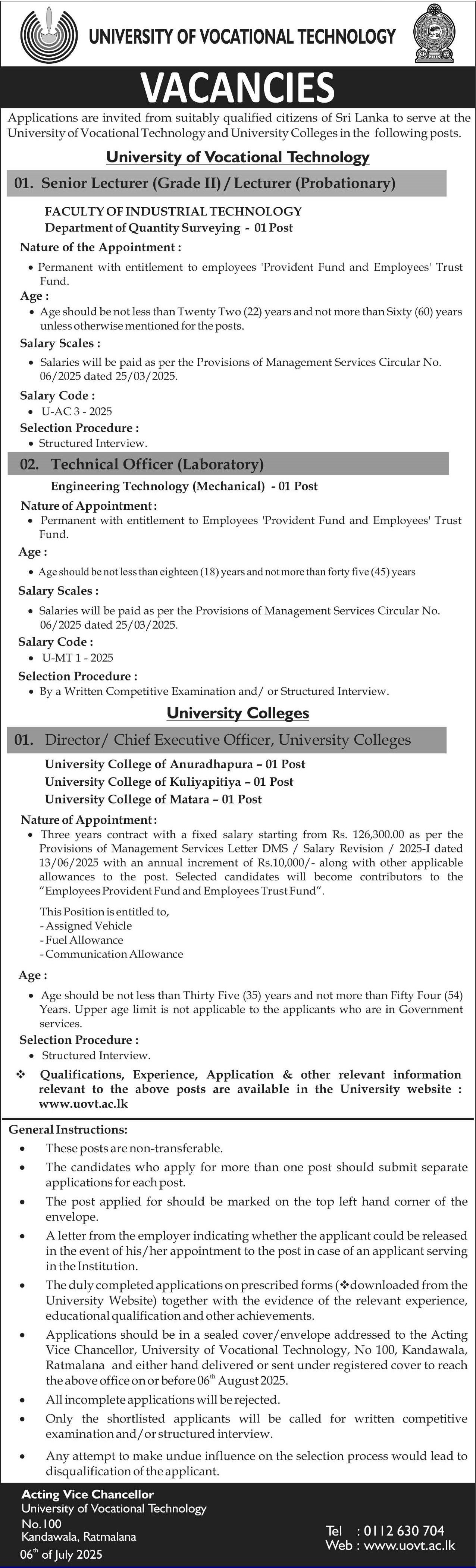 Senior Lecturer, Lecturer, Technical Officer - University of Vocational Technology