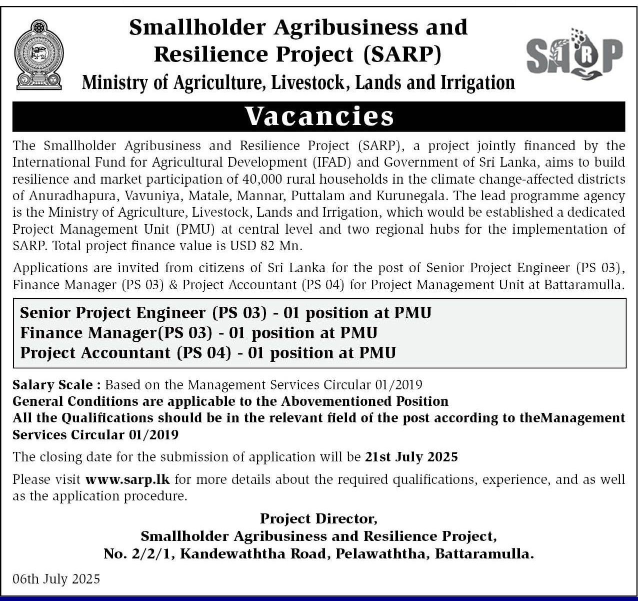 Senior Project Engineer, Finance Manager, Project Accountant - Ministry of Agriculture