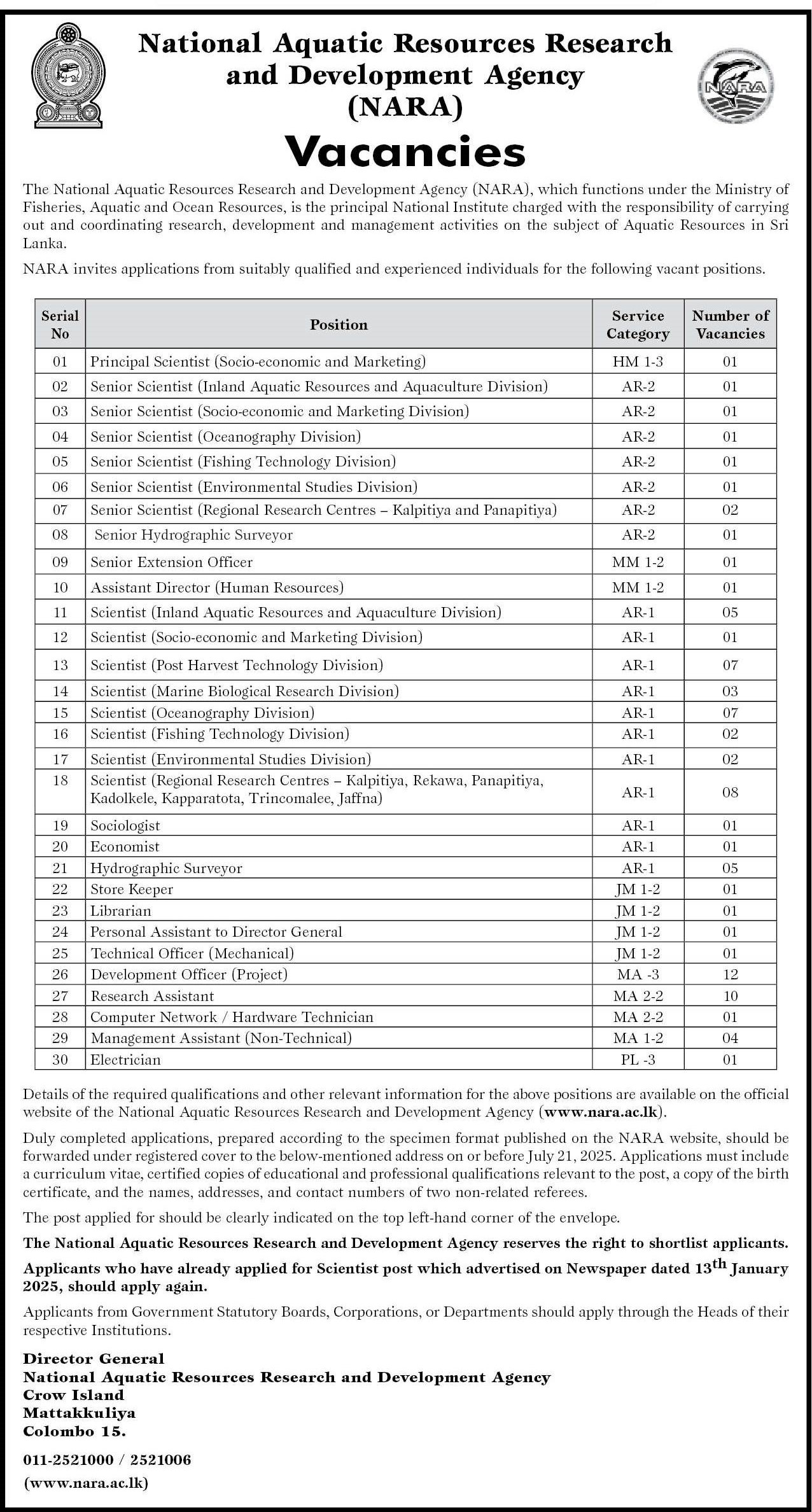 Principal Scientist, Senior Scientist, Management Assistant - National Aquatic Resources Research and Development Agency