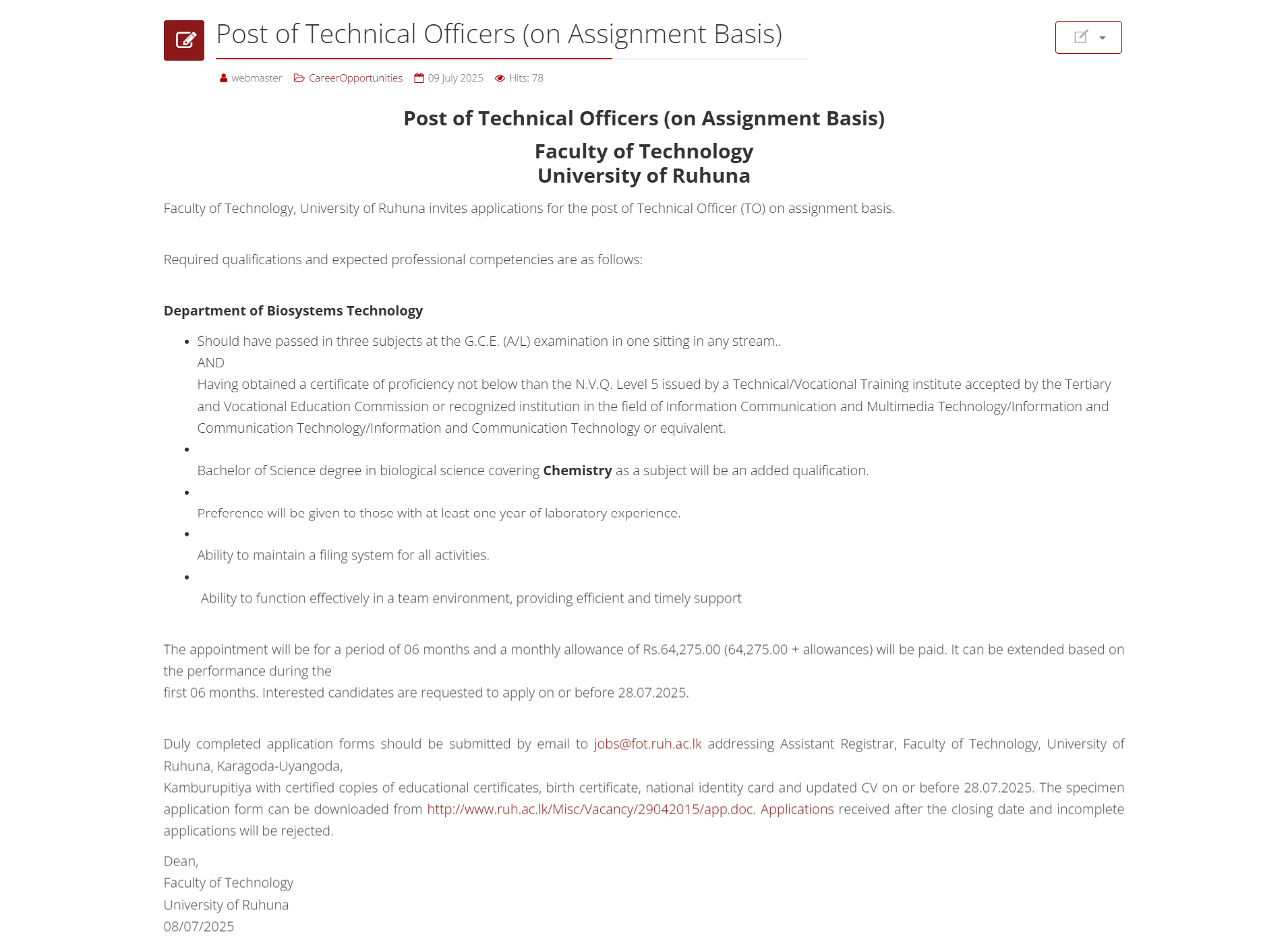 Technical Officer - University of Ruhuna