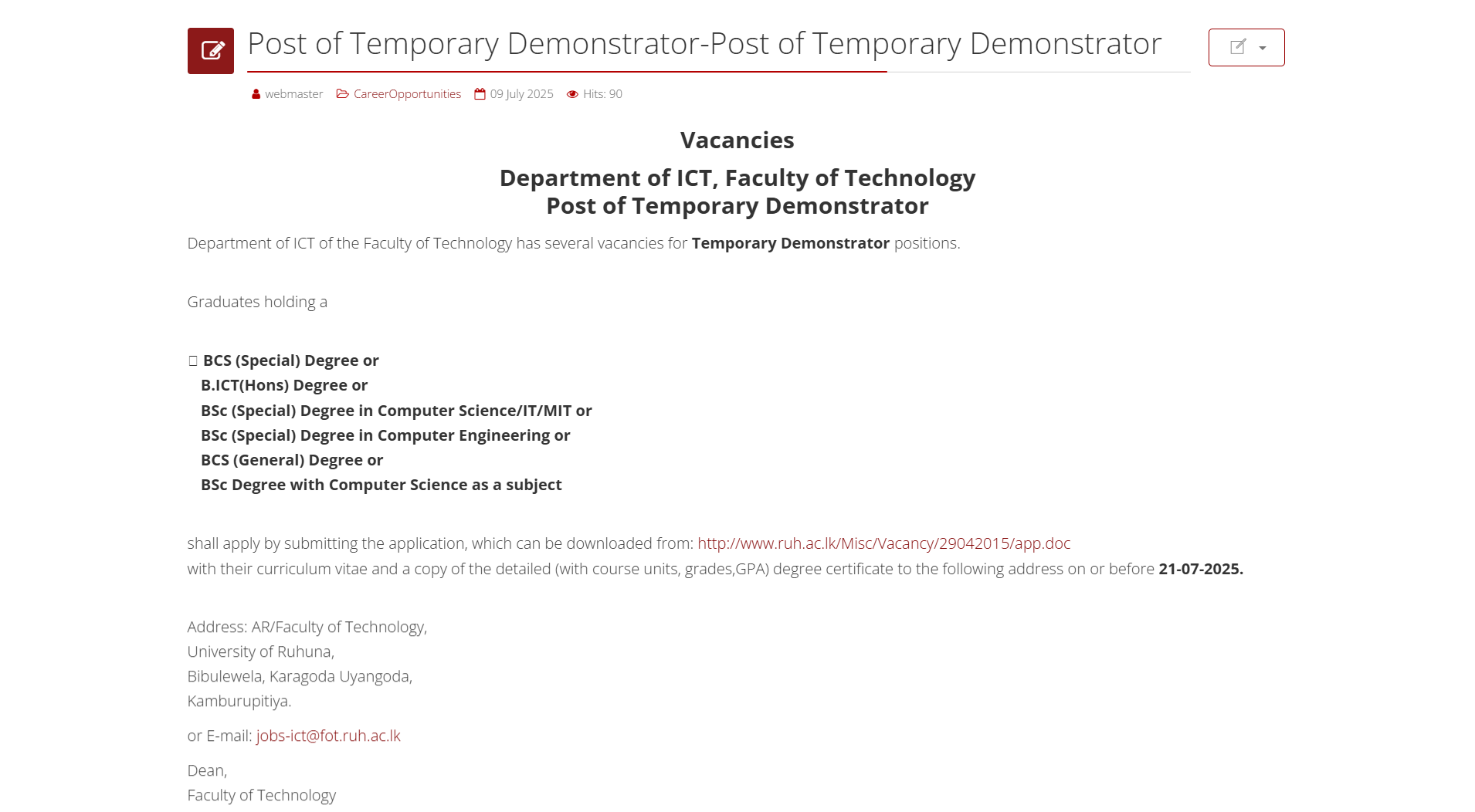 Demonstrator - University of Ruhuna