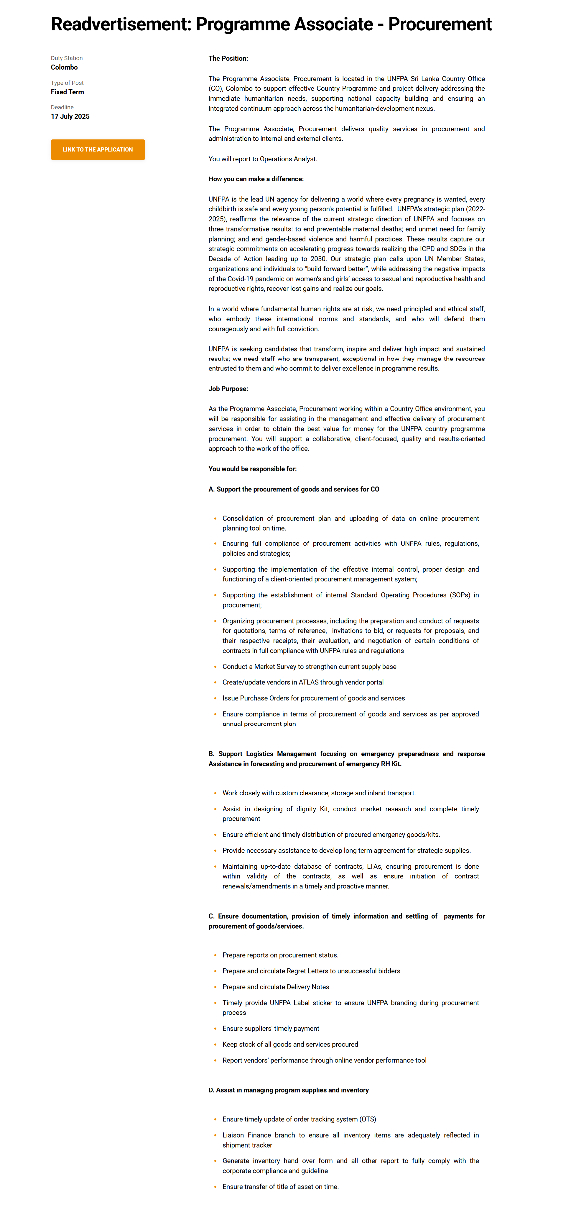 Programme Associate - United Nations Population Fund