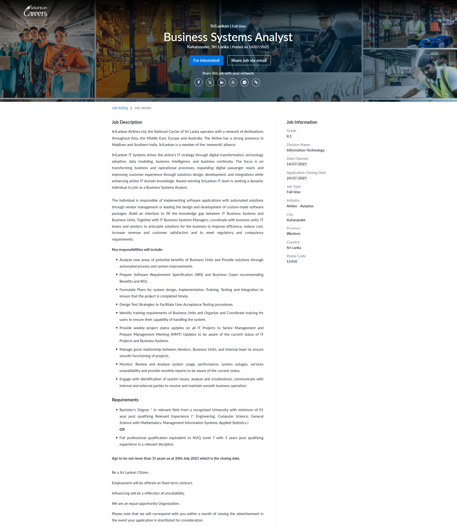 Business Systems Analyst - SriLankan Airlines