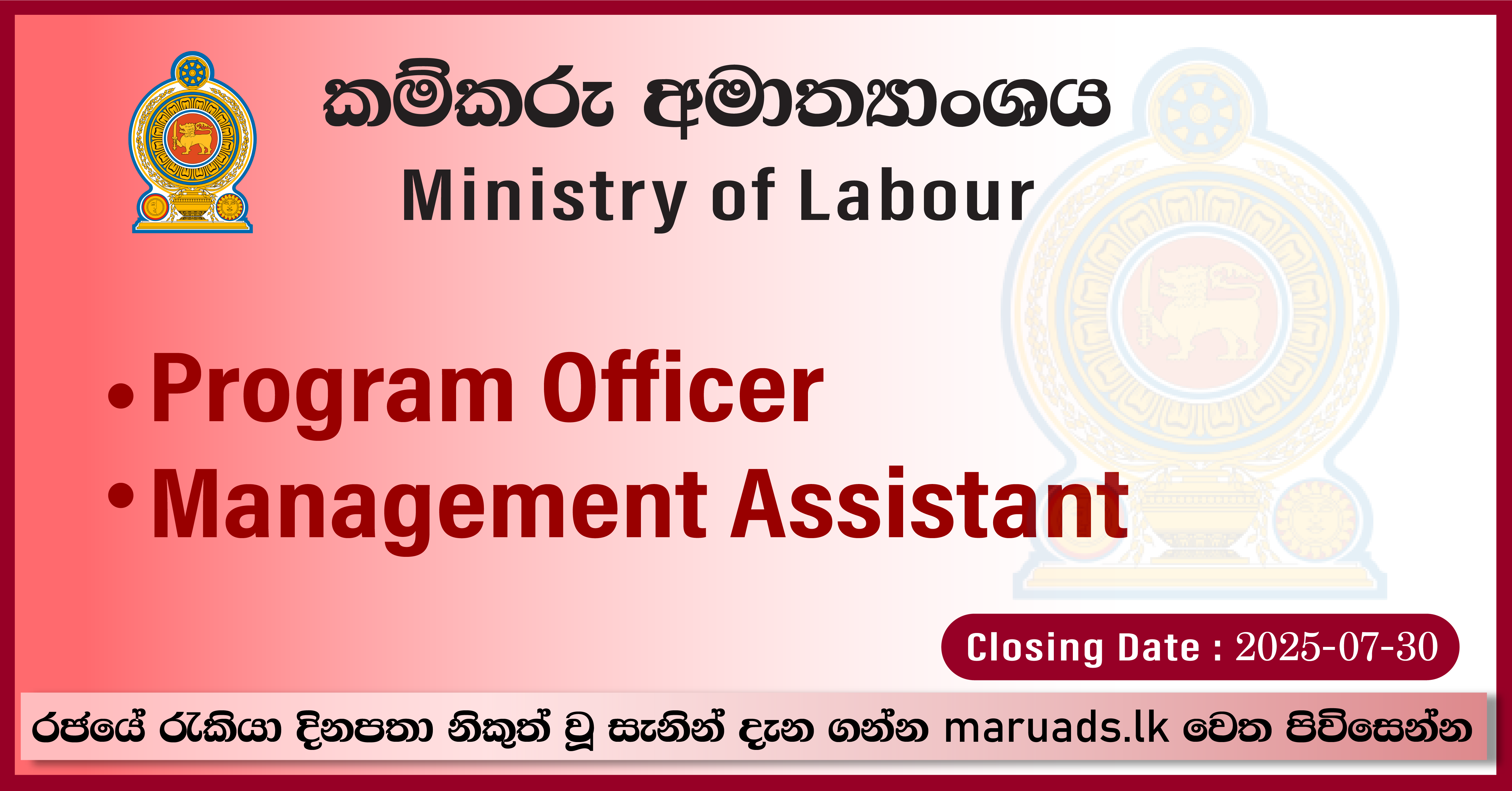 Program Officer, Management Assistant - Ministry of Labour