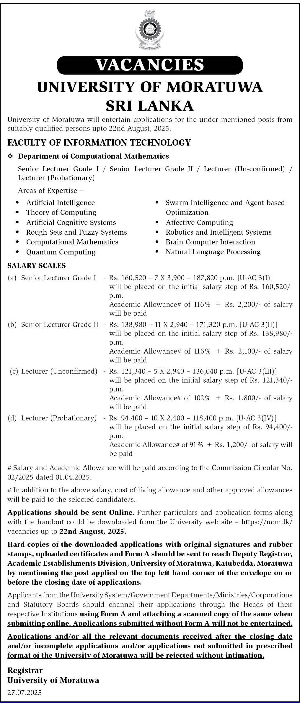 Senior Lecturer, Lecturer - University of Moratuwa