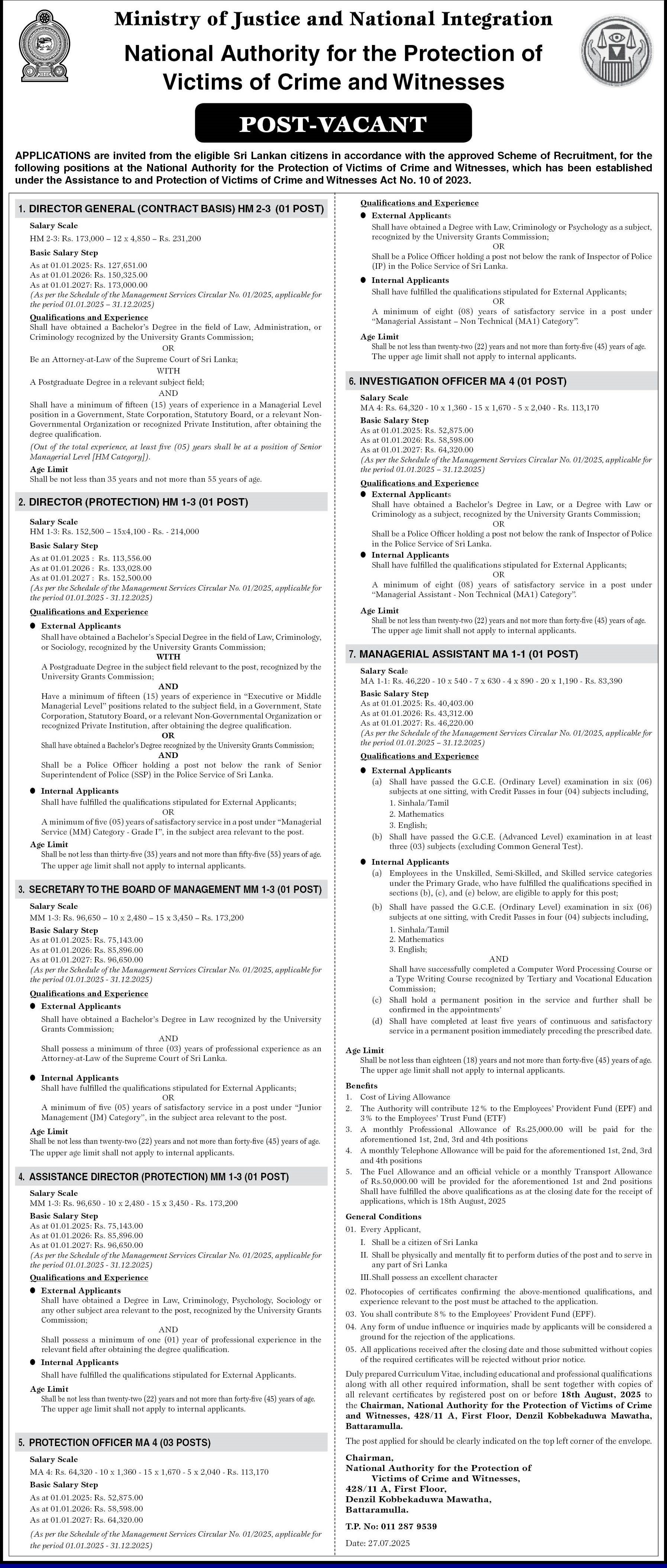 Director General, Director, Management Assistant - National Authority for the Protection of Victims of Crime and Witnesses